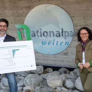 Michael Obermoser (Aufsichtsratsvorsitzender Ferienregion Hohe Tauern) und LR Daniela Gutschi vor Nationalparkwelten (c)Land Salzburg Camera Suspicta Susi Berger